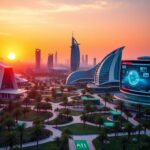 Flick International Futuristic AI campus in Abu Dhabi with modern architecture and lush greenery