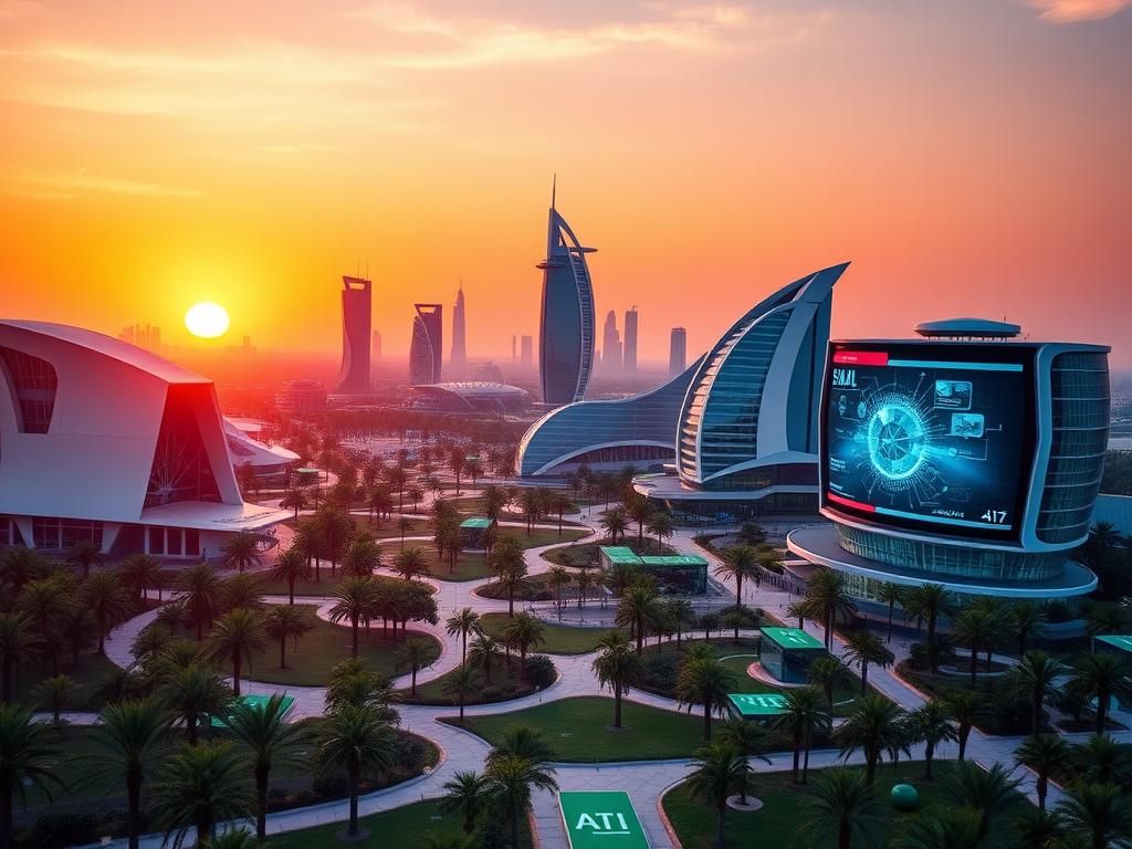 Flick International Futuristic AI campus in Abu Dhabi with modern architecture and lush greenery