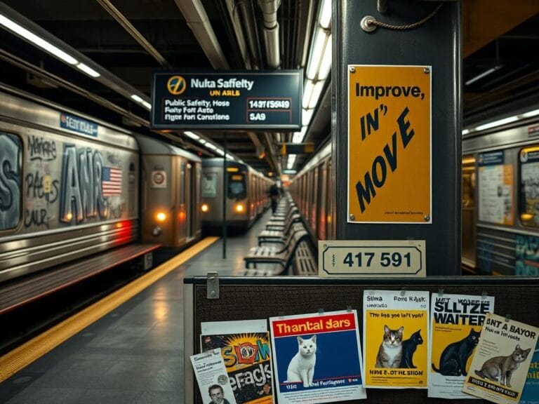 Flick International A bustling New York City subway station during peak hours with empty benches and a vintage subway sign.