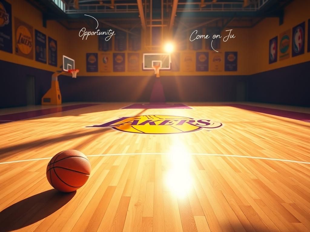 Flick International Basketball court scene at the Los Angeles Lakers arena with a basketball and hoop in view