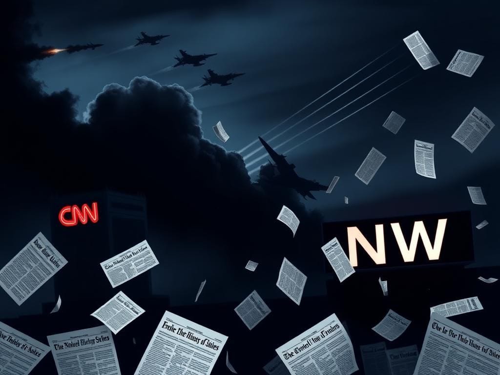 Flick International Abstract representation of conflict with CNN and NYT logos against a dark sky