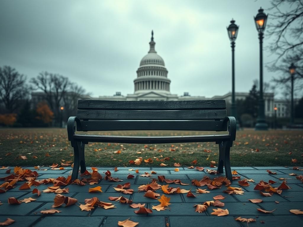 Flick International Empty wooden bench in Washington D.C. with U.S. Capitol in the background