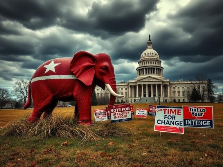 Flick International Weathered Republican elephant statue surrounded by campaign signs in North Carolina