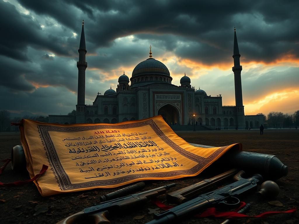 Flick International Dramatic Iranian mosque under stormy sky with ancient scroll