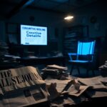 Flick International A dimly lit newsroom with cluttered desks and a Wall Street Journal logo visible on a crumpled newspaper