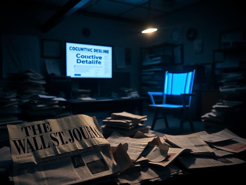 Flick International A dimly lit newsroom with cluttered desks and a Wall Street Journal logo visible on a crumpled newspaper