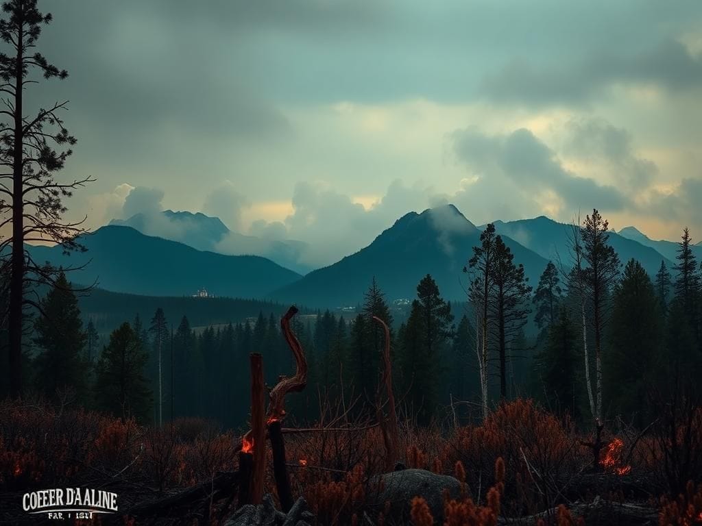 Flick International Dramatic landscape of a wildfire in Coeur d'Alene, Idaho, with charred trees and smoke-filled sky