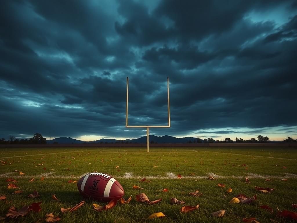 Flick International Empty football field at dusk with goalposts against a darkening sky