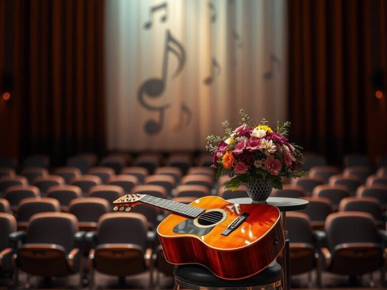 Flick International A serene concert venue stage set with a polished acoustic guitar and vibrant flowers, symbolizing hope.