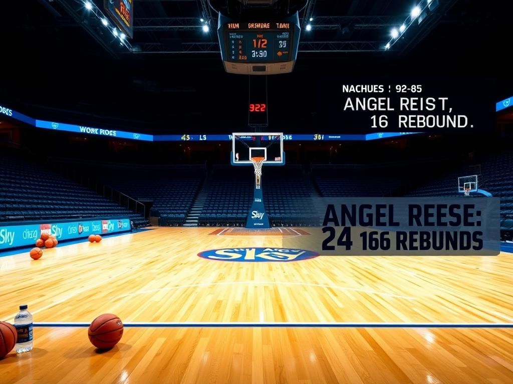 Flick International Vibrant basketball court featuring Chicago Sky logo, polished wooden floor, and hoop