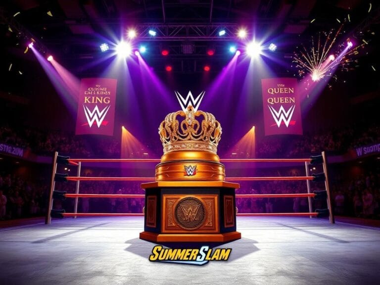 Flick International Dramatic wrestling scene featuring a grand ring with a golden crown and tiara