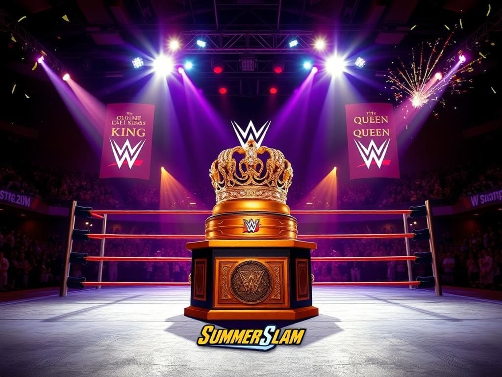 Flick International Dramatic wrestling scene featuring a grand ring with a golden crown and tiara