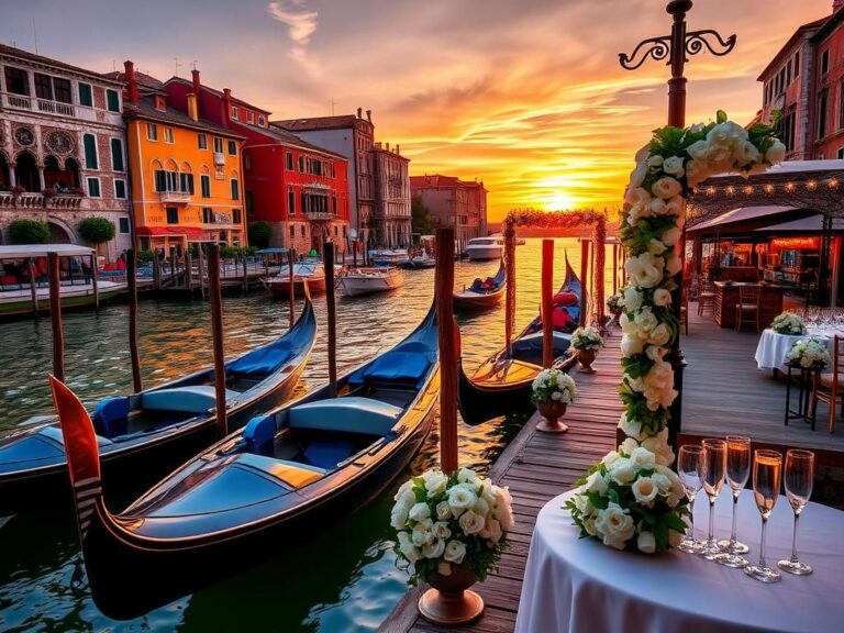 Flick International Scenic view of a Venetian dock decorated for a lavish wedding celebration