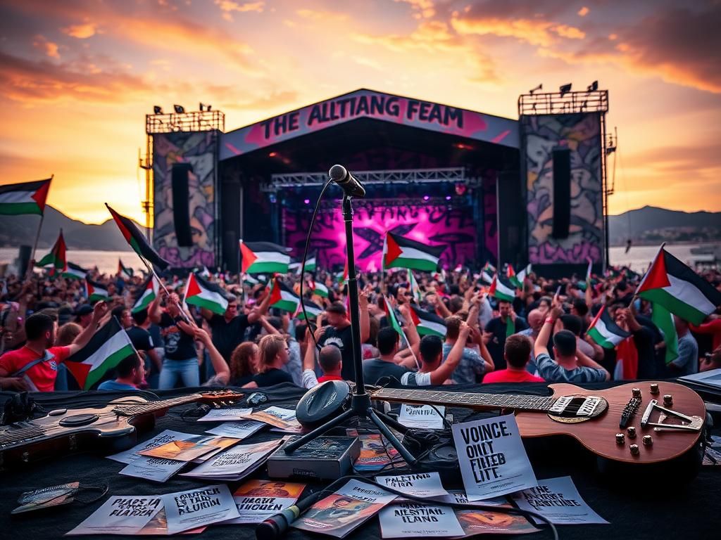 Flick International A vibrant music festival crowd with Palestinian flags and a large stage in the background