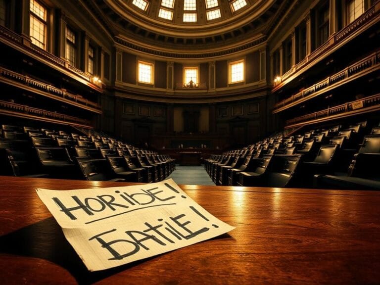 Flick International Interior view of the U.S. Capitol Senate chamber with empty seats and discarded protest signage.