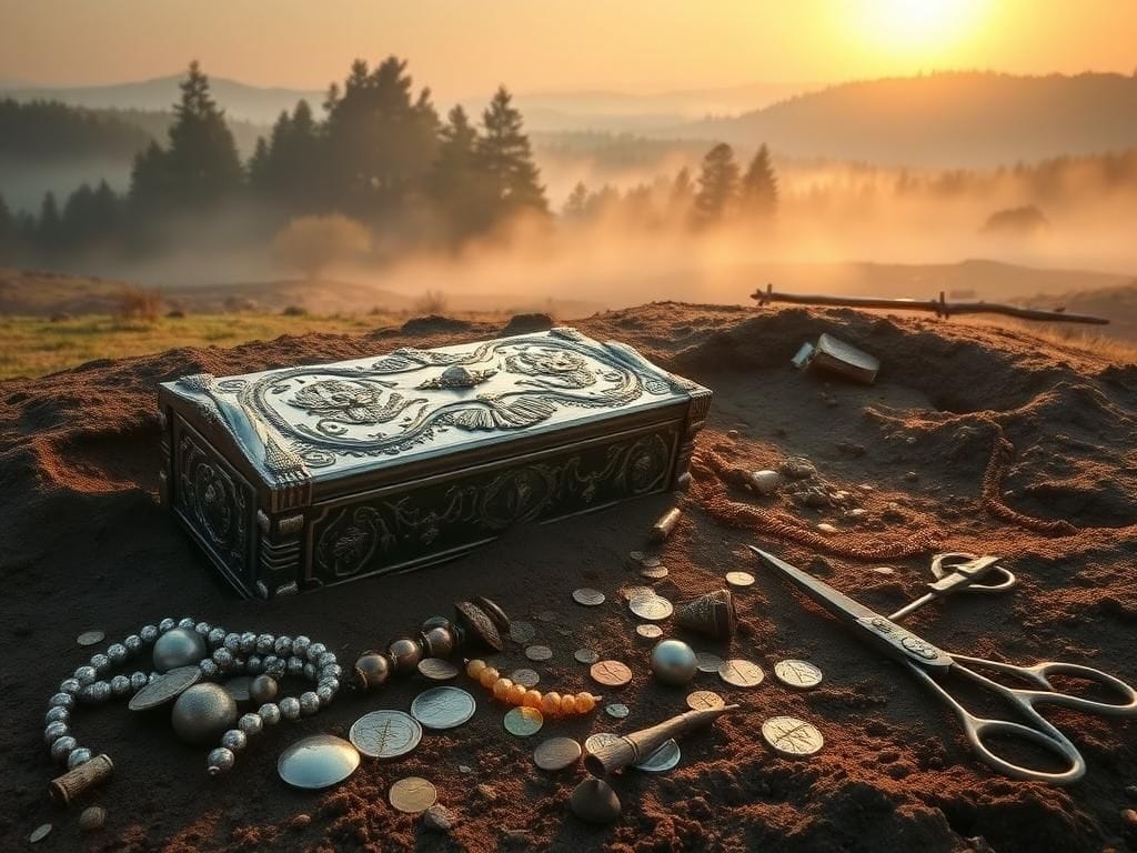 Flick International Ornate silver-plated oak casket with Viking-era artifacts in a misty burial site