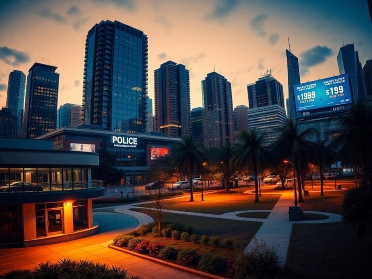 Flick International Panoramic view of an urban cityscape at dusk highlighting police station and community park