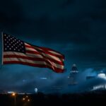 Flick International A dramatic nighttime skyline of Nashville with an American flag in the foreground, symbolizing patriotism amid immigration enforcement themes.