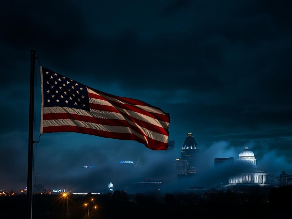 Flick International A dramatic nighttime skyline of Nashville with an American flag in the foreground, symbolizing patriotism amid immigration enforcement themes.