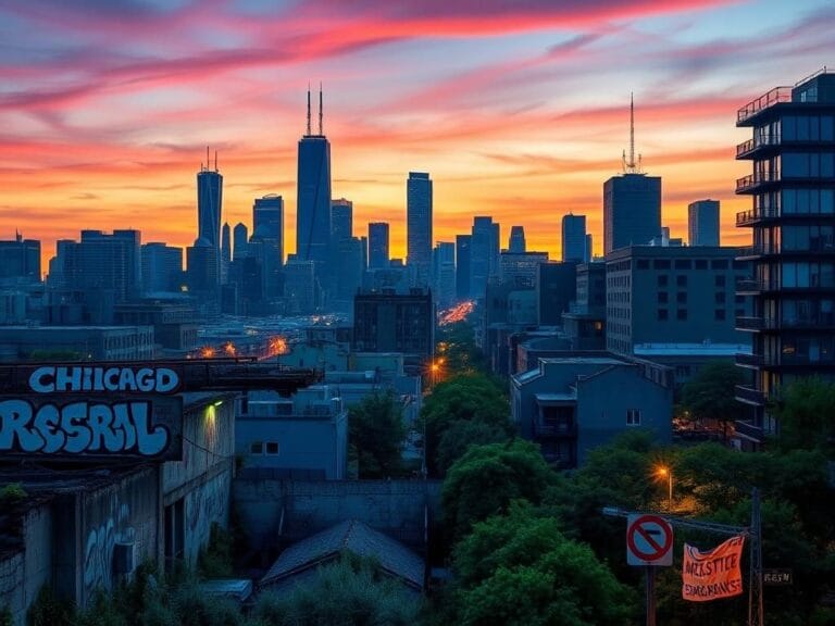 Flick International A vibrant cityscape of Los Angeles, Chicago, and New York City at twilight, depicting urban contrasts