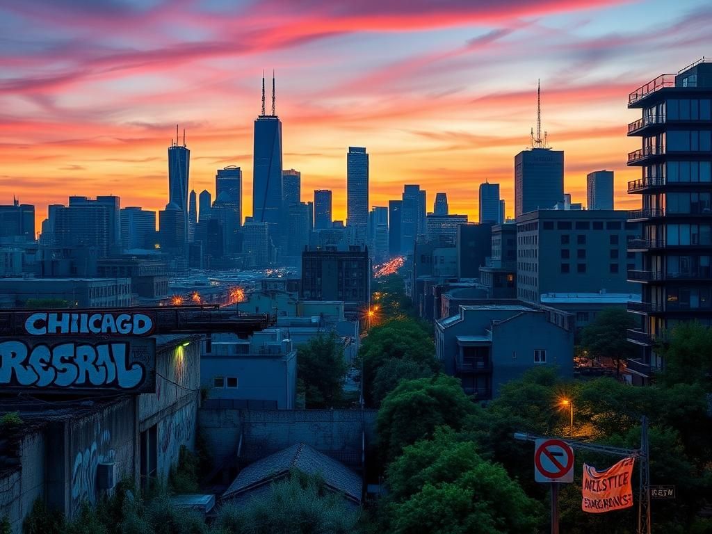 Flick International A vibrant cityscape of Los Angeles, Chicago, and New York City at twilight, depicting urban contrasts