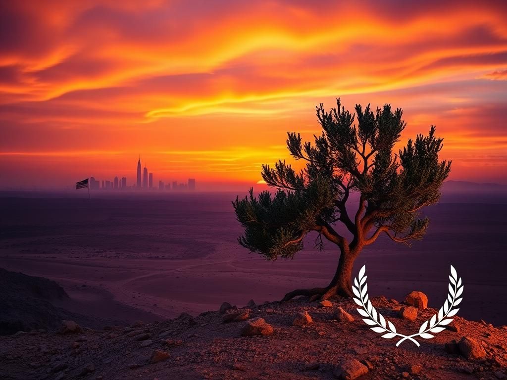 Flick International A dramatic Middle Eastern landscape at dusk featuring an olive tree and modern skyscrapers