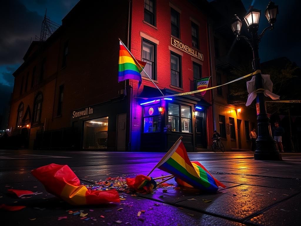 Flick International A nighttime scene outside the Stonewall Inn illuminated by rainbow lights with overturned flags
