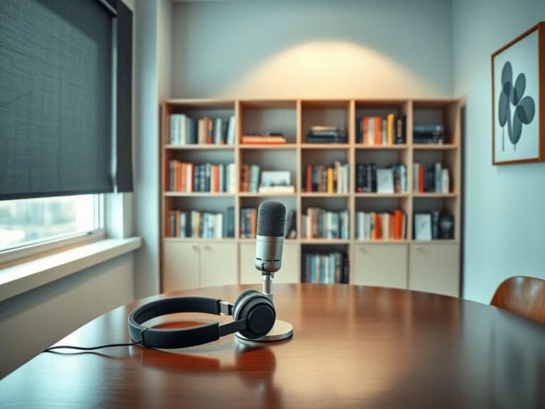 Flick International A modern podcasting studio with a sleek microphone and headphones on a wooden table, surrounded by books.