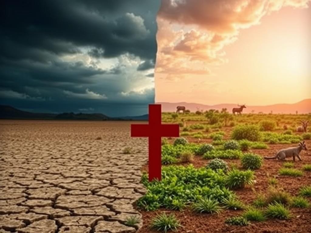 Flick International A stark contrast between a drought-stricken landscape and a thriving, lush area symbolizing foreign aid impacts