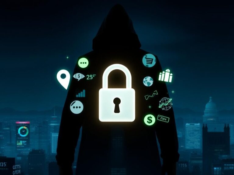 Flick International A dark figure symbolizing the deep state looming over a city skyline with digital data displays.