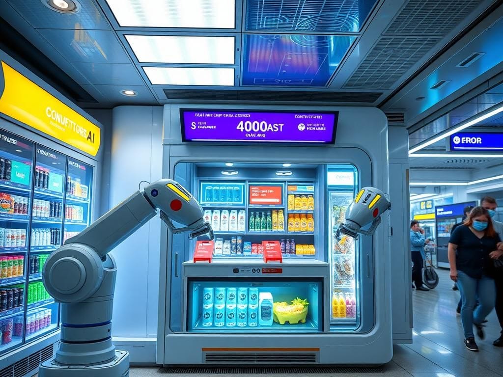 Flick International A high-tech robotic arm retrieving products in the VenHub automated convenience store