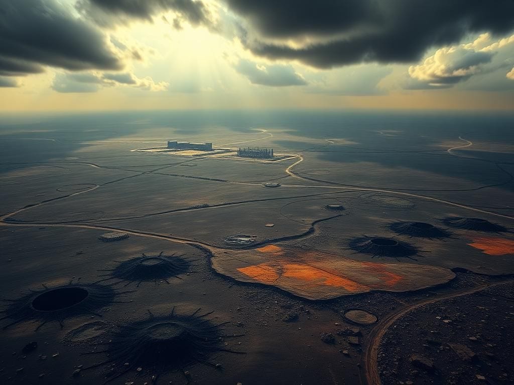 Flick International Aerial view of damaged Iranian nuclear facilities with craters and debris