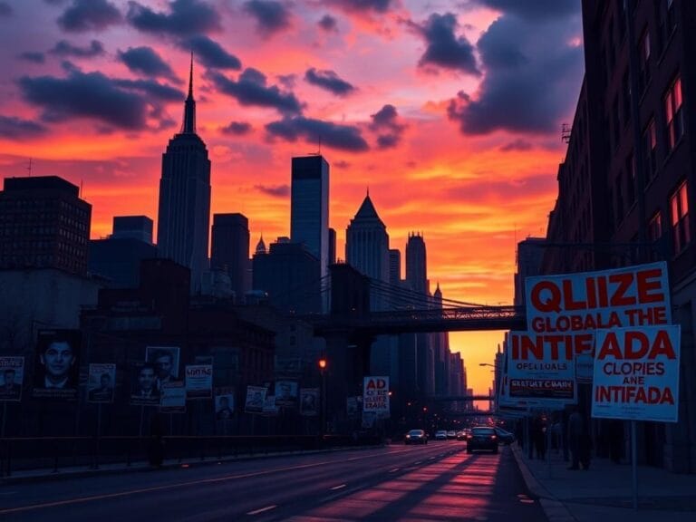 Flick International Dramatic New York City skyline at dusk with campaign posters fluttering on an empty street