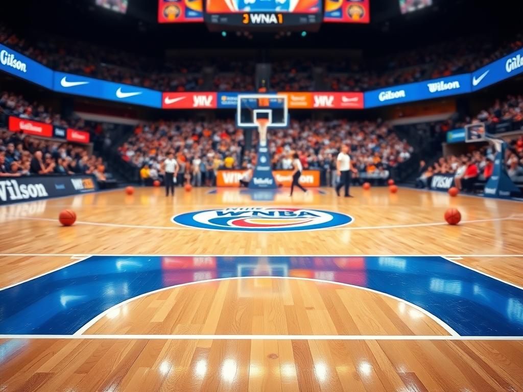Flick International A vibrant basketball court scene showcasing the WNBA logo, surrounded by promotional banners.