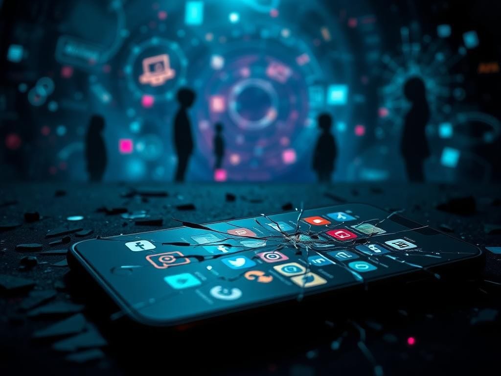 Flick International A digital landscape depicting the effects of addictive AI algorithms on youth, with a shattered smartphone screen and reflections of social media icons.