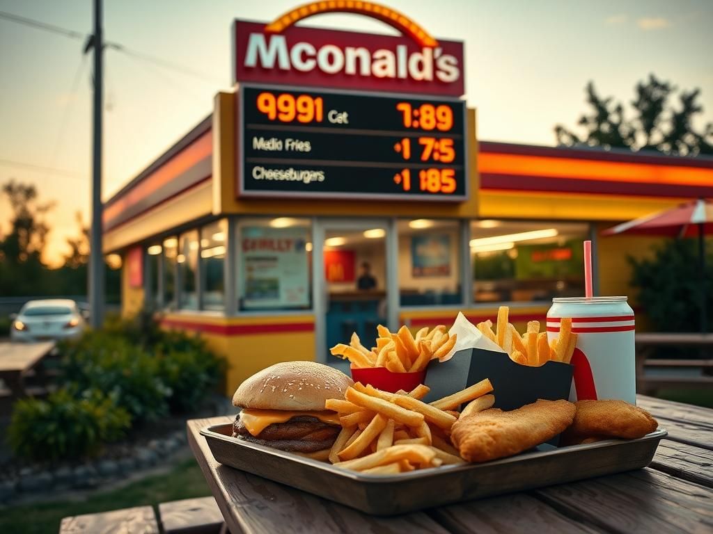 Flick International Vintage McDonald's restaurant exterior showcasing a retro menu board with 1991 prices amidst lush greenery