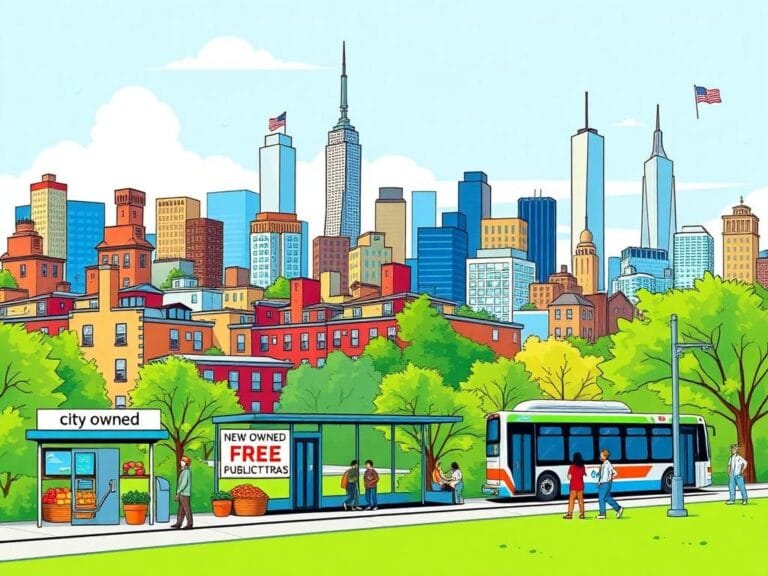 Flick International Illustration of a vibrant New York City skyline showcasing affordable housing and green spaces