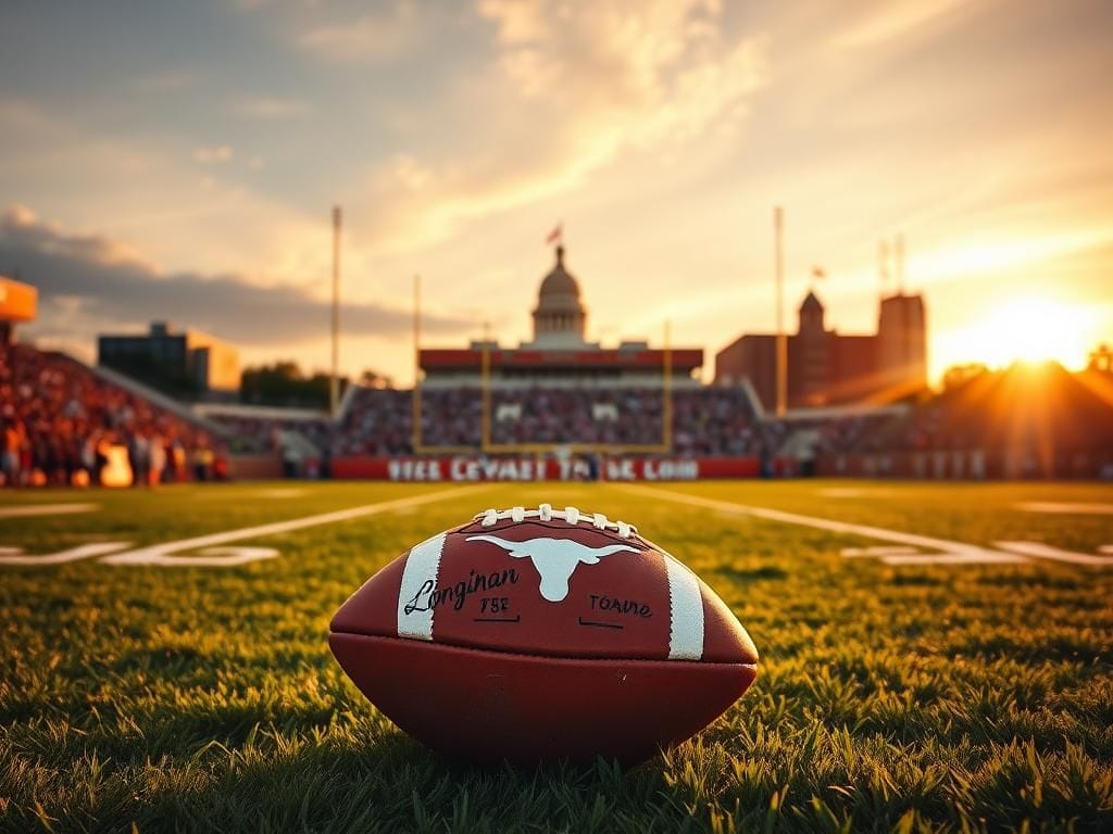 Flick International A Texas Longhorns football field at sunset with a football in the foreground