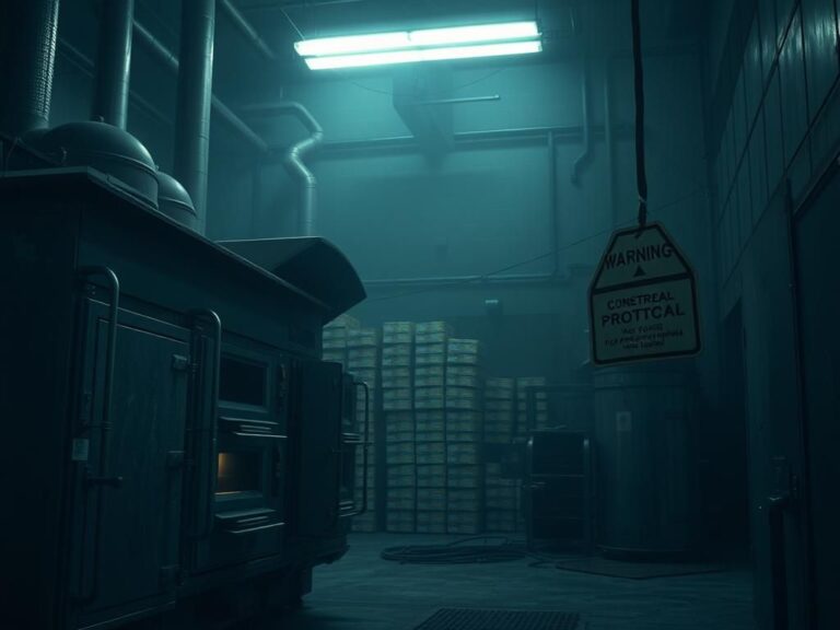 Flick International Dimly lit industrial factory interior with large metallic ovens and haphazardly stacked product boxes.