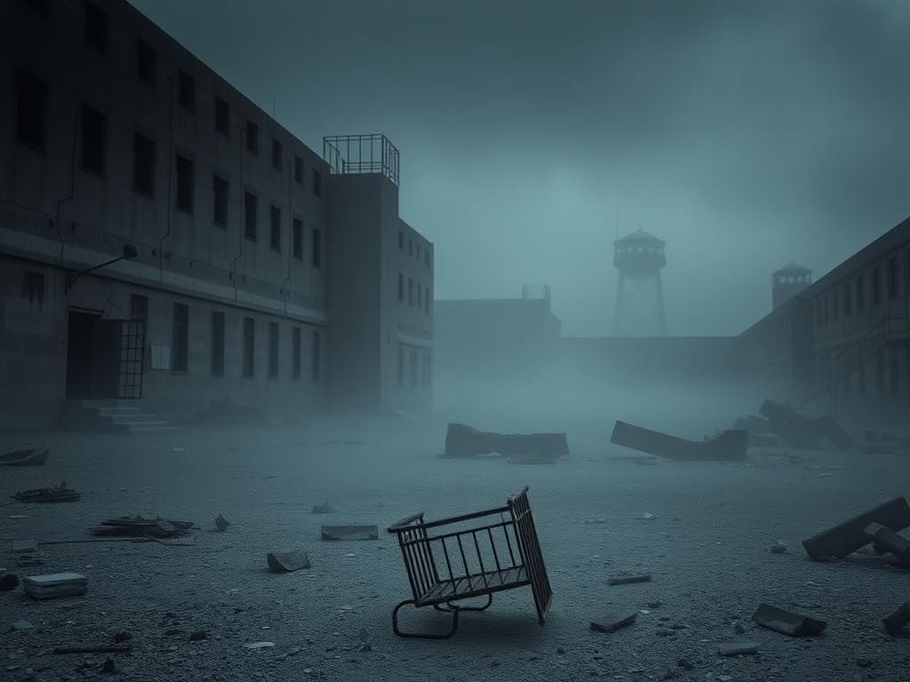 Flick International Haunting view of Evin prison surrounded by fog