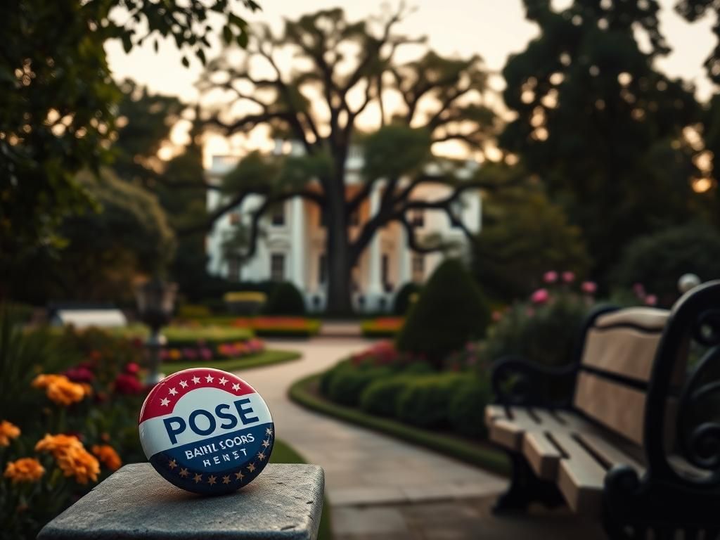 Flick International A symbolic representation of unity in the White House Rose Garden with intertwined oak trees and a weathered campaign button