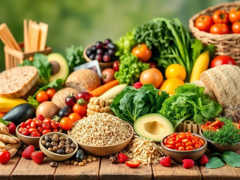 Flick International Close-up of a vibrant wooden table filled with colorful whole foods including grains, fruits, and vegetables