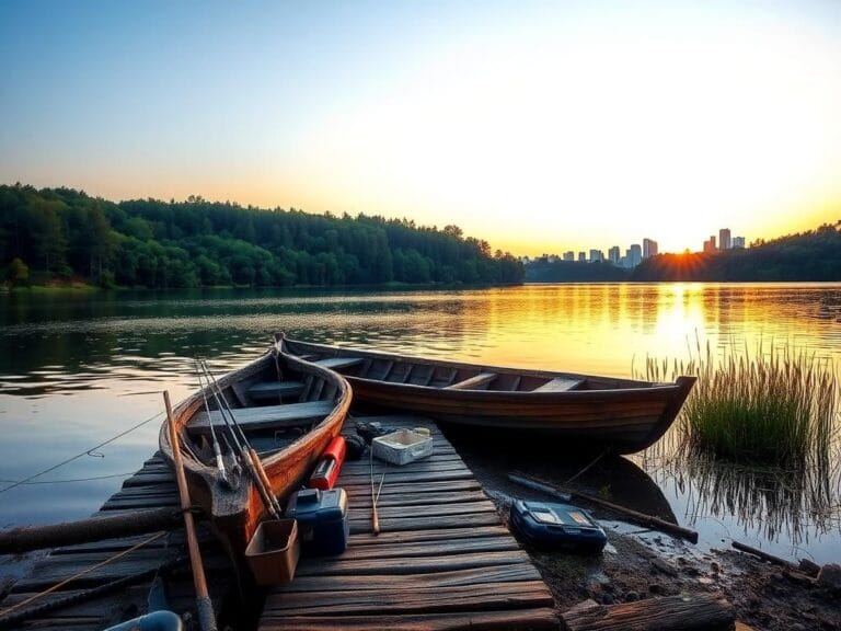 Flick International Serene lake with a weathered fishing boat at dawn amidst lush forests