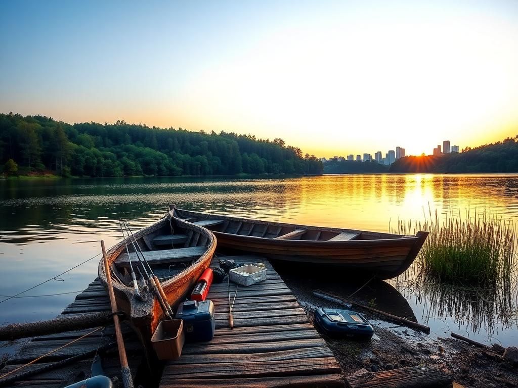 Flick International Serene lake with a weathered fishing boat at dawn amidst lush forests
