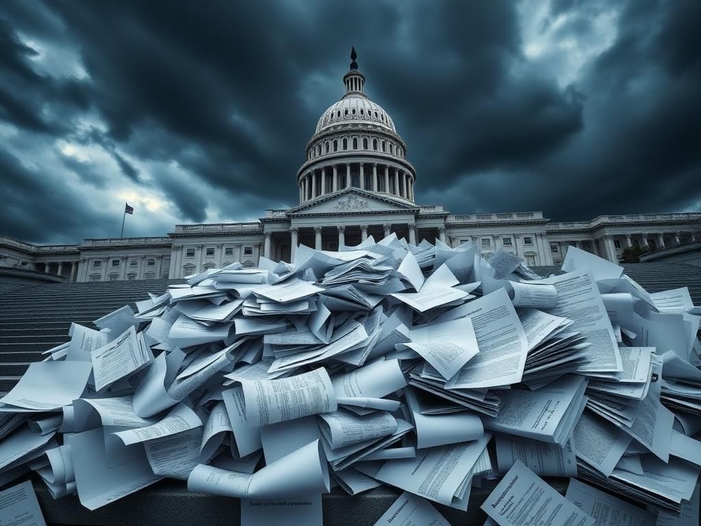 Flick International Dramatic depiction of the United States Capitol building under an overcast sky with a pile of congressional bills