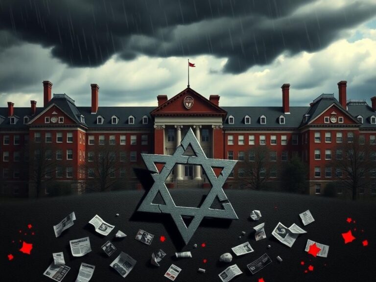 Flick International A broken Star of David on Harvard's campus surrounded by dark storm clouds, symbolizing discrimination against Jewish students.