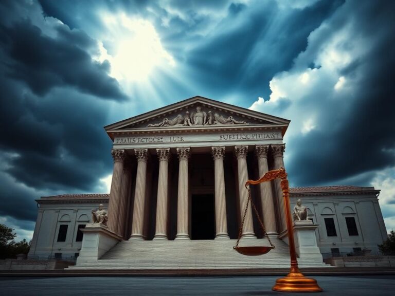 Flick International Dramatic courtroom scene at the U.S. Supreme Court building with majestic columns and scales of justice.