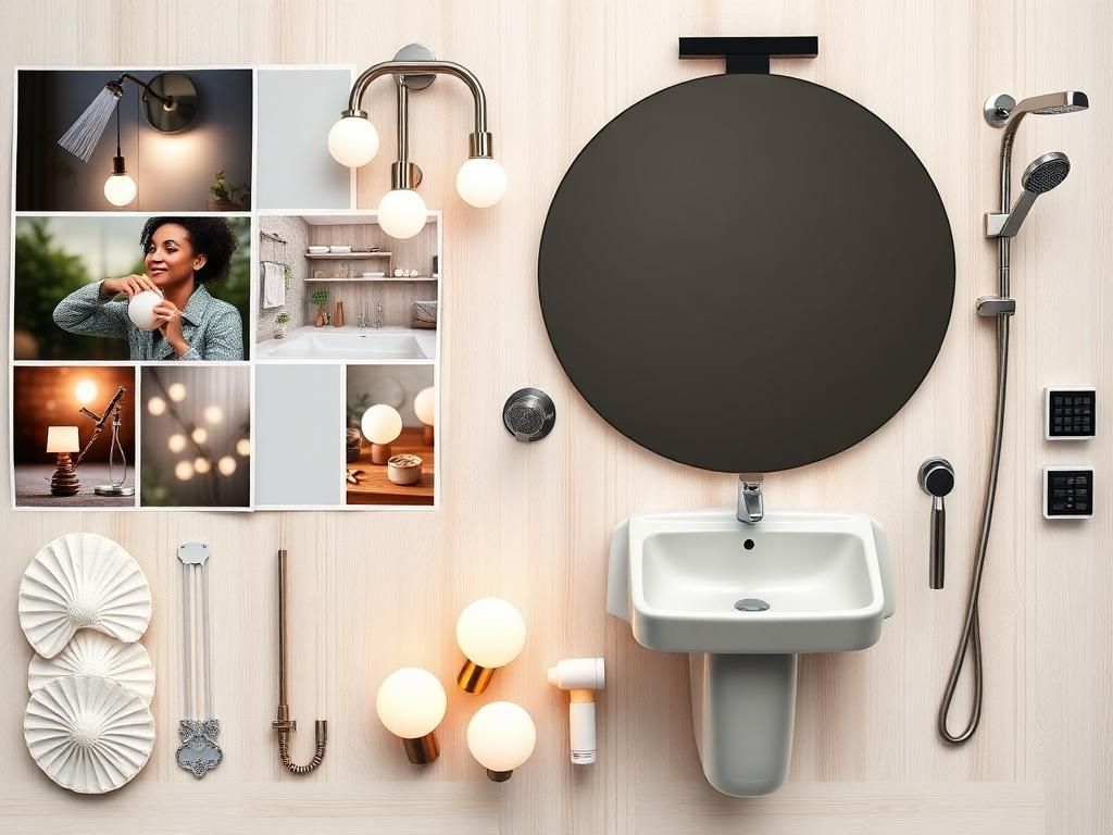 Flick International beautifully arranged flat lay of home improvement items including a sleek black vanity mirror, modern toilet, and elegant ceramic sink