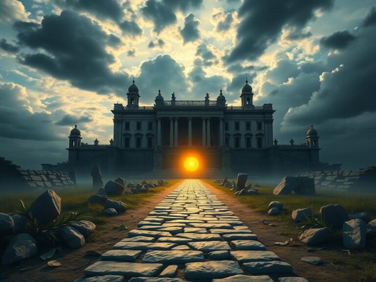 Flick International An abstract representation of a crumbling palace symbolizing the former monarchy of Iran against a tumultuous sky.