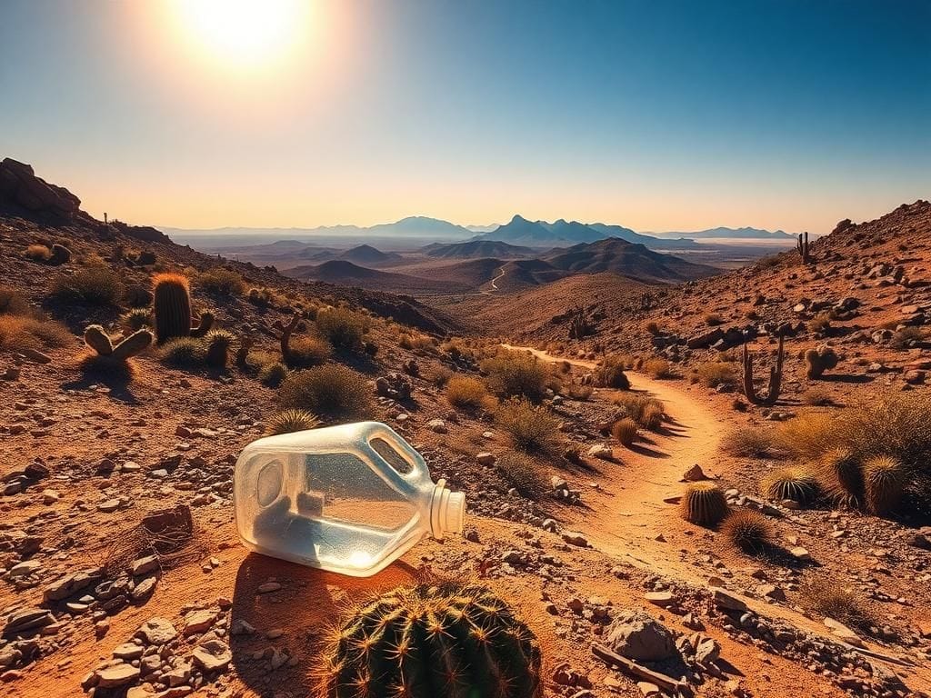 Flick International Abandoned water jug in Arizona desert landscape